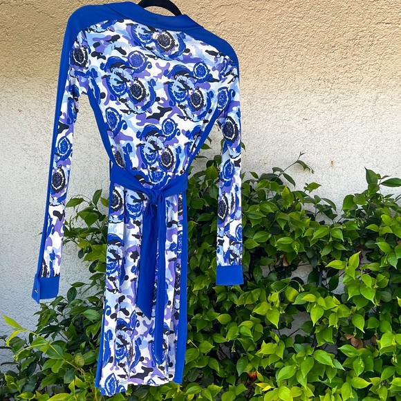 Versace Dress Y2K Collared Blue Baroque Camouflage Midi Size 4 Small 40 EU - Picture 6 of 9